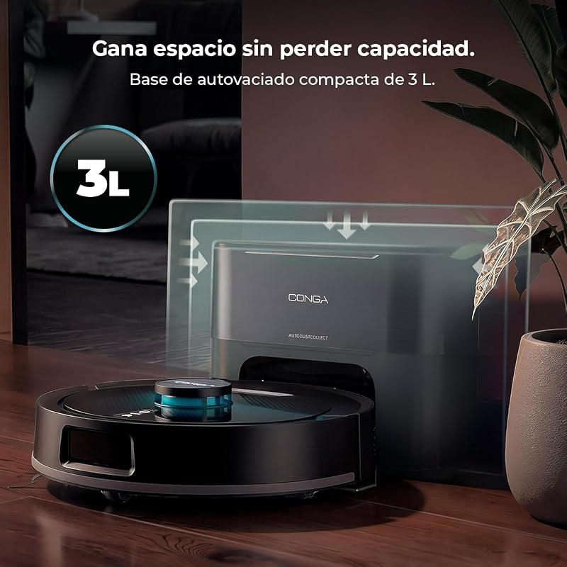 Robô aspirador e esfregão com base auto-esvaziante Conga Y80 Dark. Navegação a laser, 25000Pa, autonomia 240min, escova de silicone para animais, saco de pó 3L, Bluetooth e WiFi, aplicação