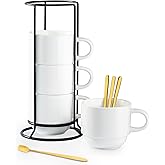 YHOSSEUN Porcelain Coffee Mug Set of 4, Stackable Coffee Mugs with Metal Stand & Spoons, 11 Oz Espresso Coffee Cups Mug Set for Americano, Chocolate Drinks, Milk, Tea, White
