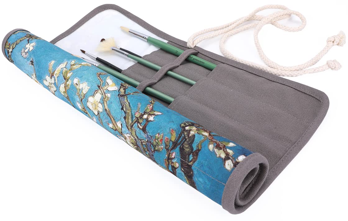 Amoyie Roll Up Paintbrush Case for watercolour acrylic Painting, Artists Brush Holder, Canvas Art Bag, 20 Holes Beige Tree