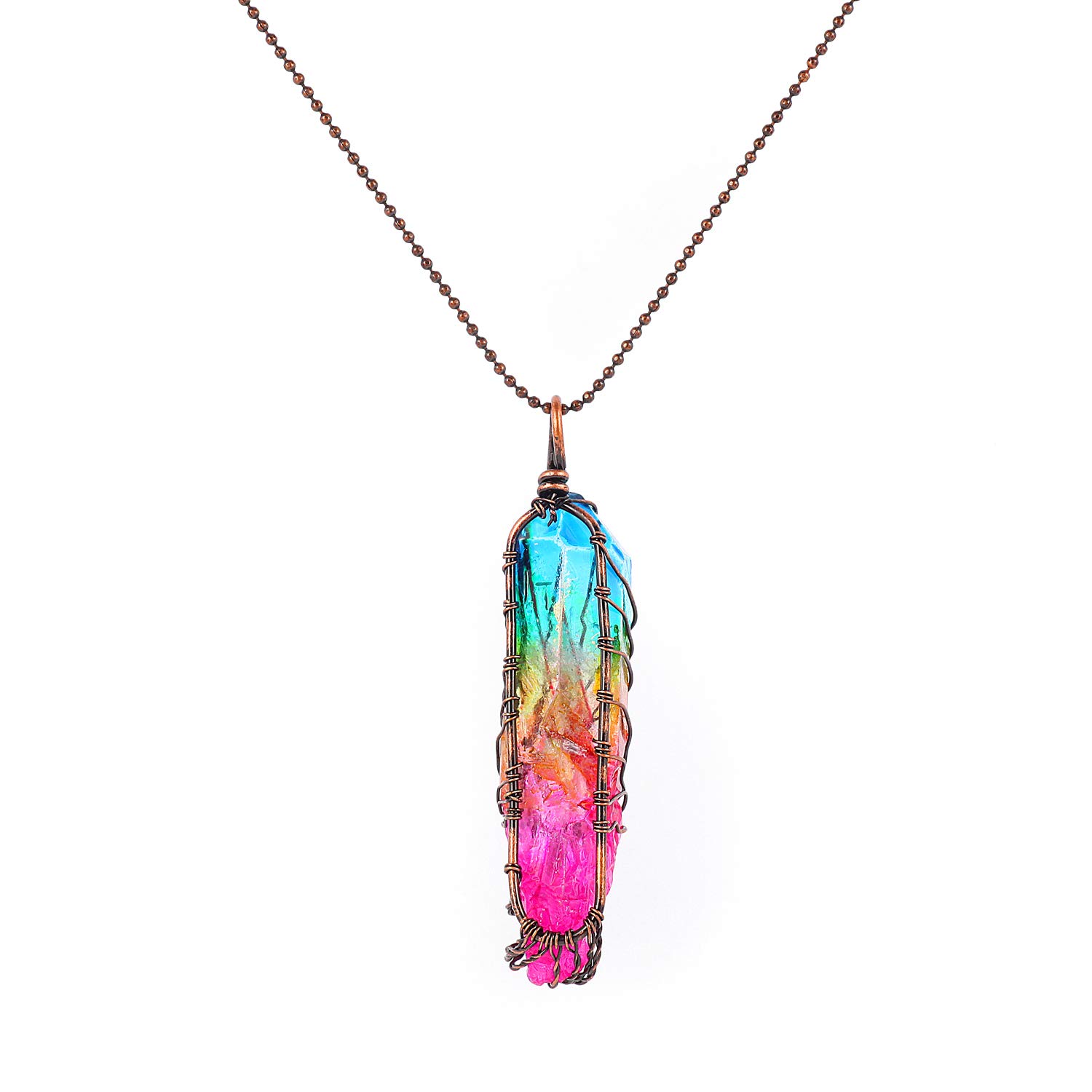 Thajaling Natural Rainbow Stone Pendant Tree of Life Necklace Colorful Painting Necklace Reiki Stone Pendant for Women Men