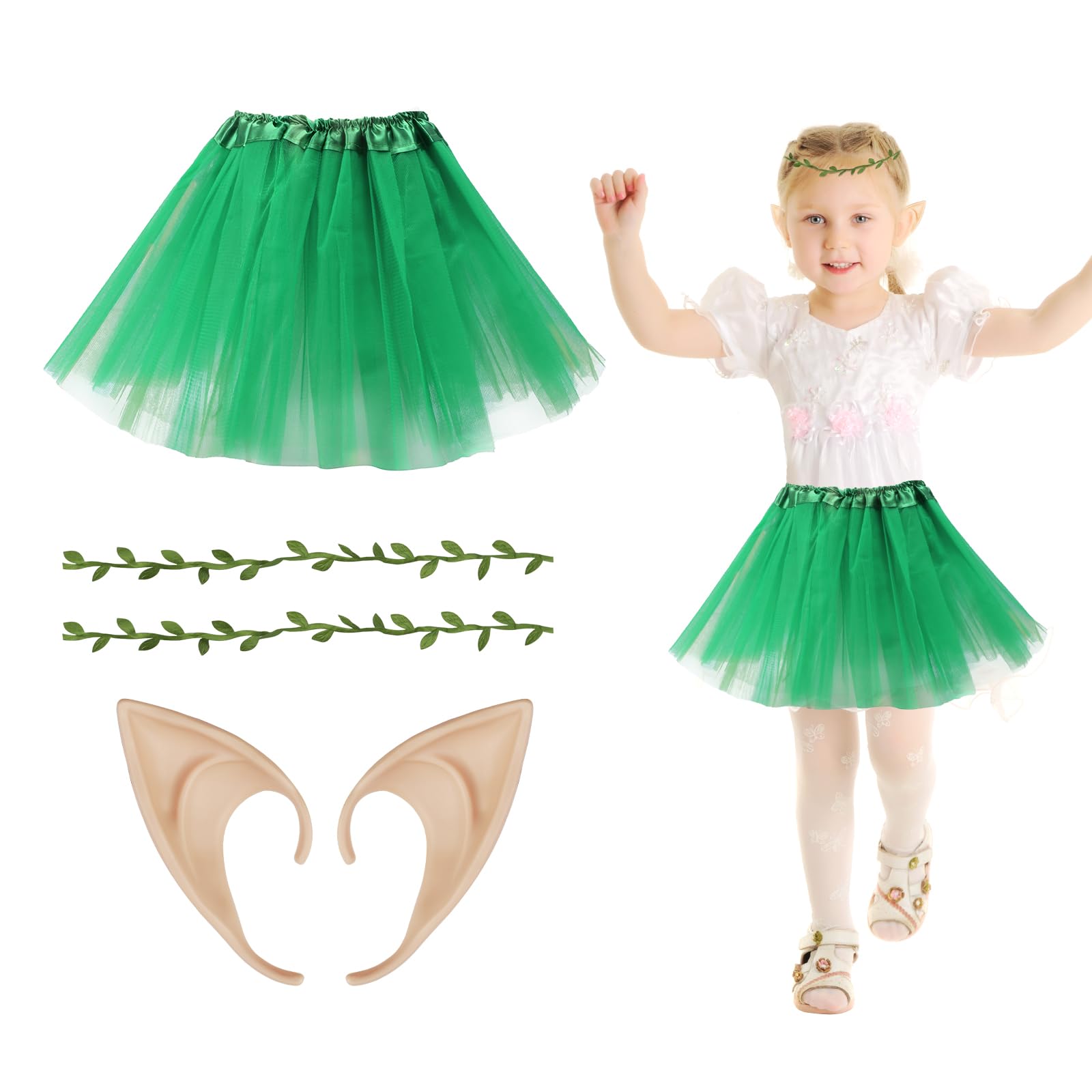 HONMOK 3 PCS Girls Elf Costume, Green Fairy Elf Outfit Include Leaf Crown Headband Elf Ears Tutu Dress, Elf Fairy Fancy Dress Costume for 3-10y Kids Carnival World Book Day