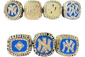 RYDDPZ GIFT SET NEW YORK BASEBALL 1977 1978 1996 1999 2000 2009 WORLD CHAMPIONSHIP RING, 7 RINGS SET WITH 7-HOLE WOODEN DISPLAY BOX PACKAGING, HOLIDAY GIFT FOR BASEBALL FANS