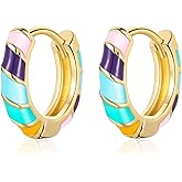 Lansora Colorful Enamel Hoop Earrings for Women 14K Gold Plated Huggie Earrings Color Block Enamel Statement Earrings Hinged Hoop Jewelry