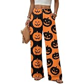 Womens Halloween Pumpkin Ghost Print High Waist Baggy Leg Pants with Pocket | Women's Halloween wide leg pants with pumpkin print. High waist, soft, comfy, baggy style, with pockets. Great for parties.