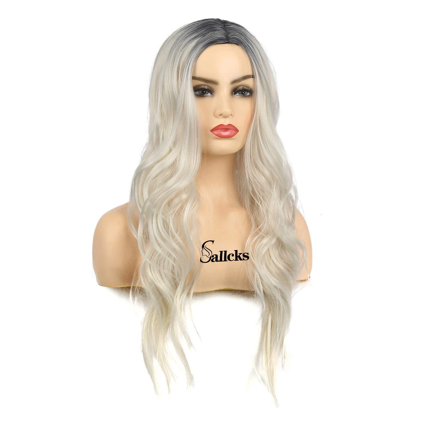 Sallcks Womens Long Curly Wavy Ombre Platinum Blonde Wigs Dyeing Color Synthetic Replacement Wigs Heat Resistant Party Daily Wig with Wig Cap