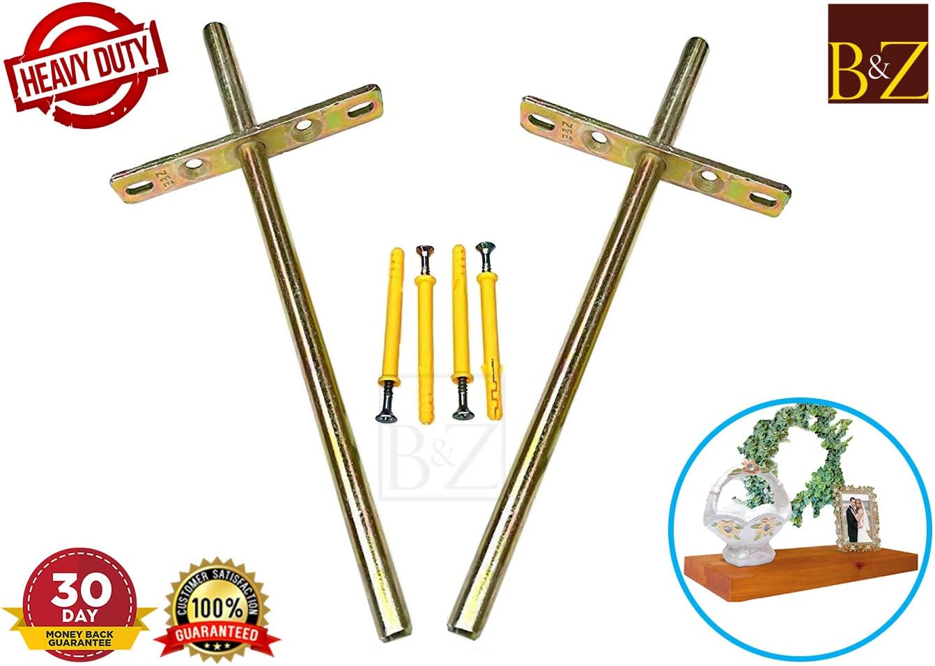 B&Z - Heavy Duty Concealed Floating Invisible Flying Blind Wall Mounted Wooden Oak Mantel Timber Scaffold Board Shelf Support Cross Brackets (Pair) (150mm - Back Rod 70mm) - Image 3