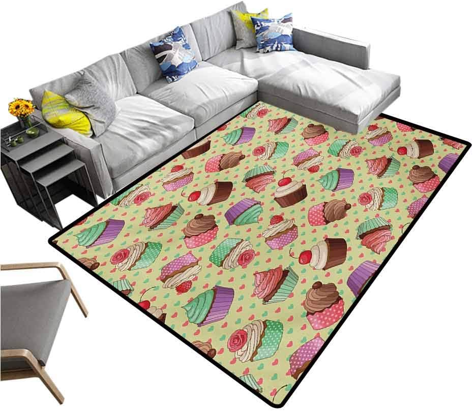 Coffee Rugs Coffee Shop Bakery Inspired Tasty Cupcake Pattern on a Polka Dot Hearts Backdrop Indoor/Outdoor Area Rugs Multicolor (4'x5')