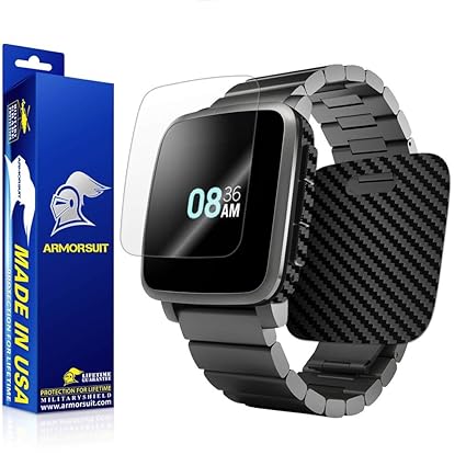 ArmorSuit MilitaryShield - Pebble Time Steel Black Carbon Fiber Skin Back Protector Film + Anti-Bubble HD Clear Screen Protector for Pebble Time Steel