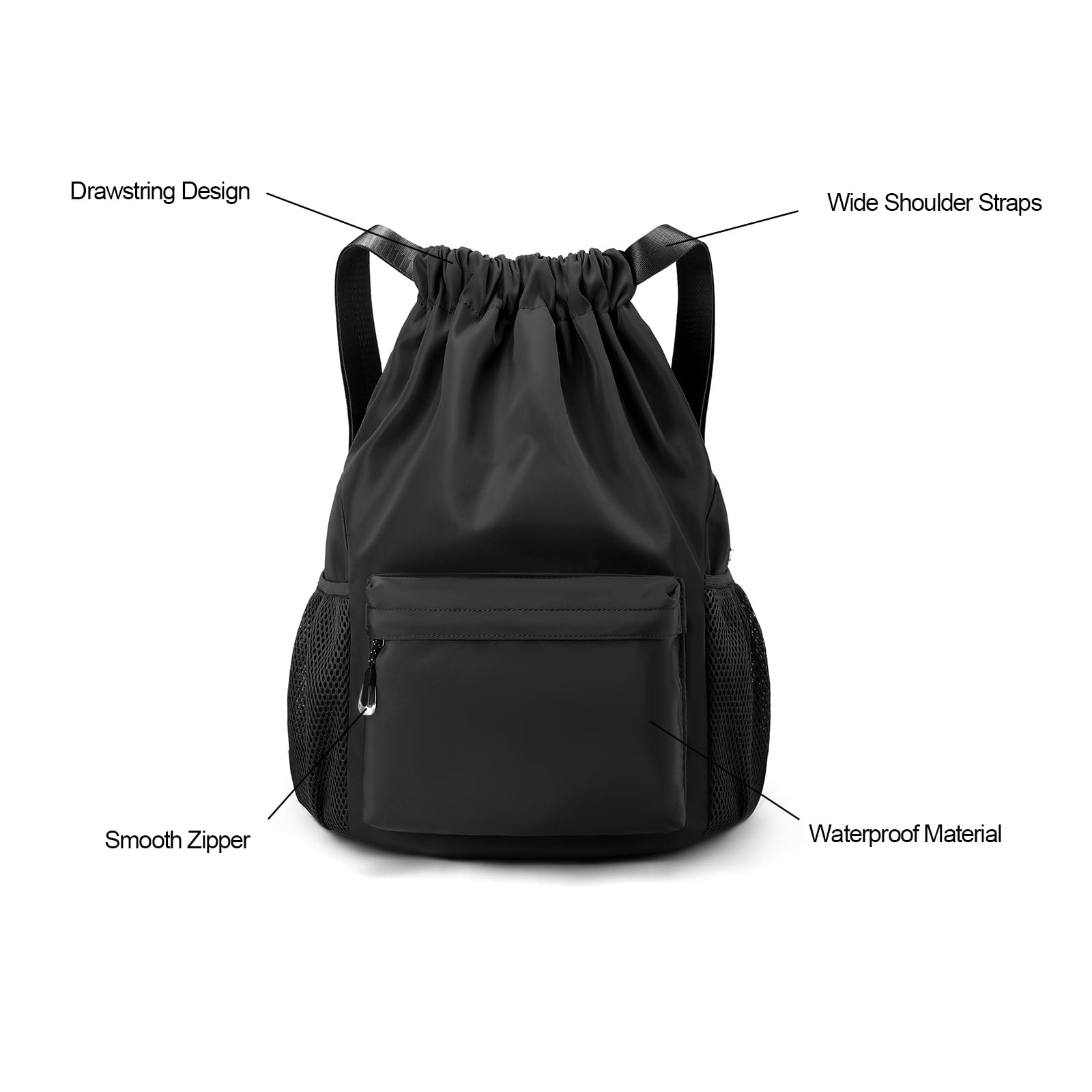 Black Drawstring Backpack for Women, Waterproof Drawstring Gym Bag for Men, Small Cinch Sack for Basketball, Pull String Sport Bag for Soccer.