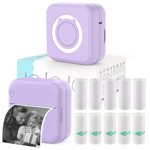 Mini Photo Printer Portable Pocket Sticker Printers for iPhone Thermal  Printer with 10 Rolls Thermal Paper for Photo, Memo, Journal Purple in