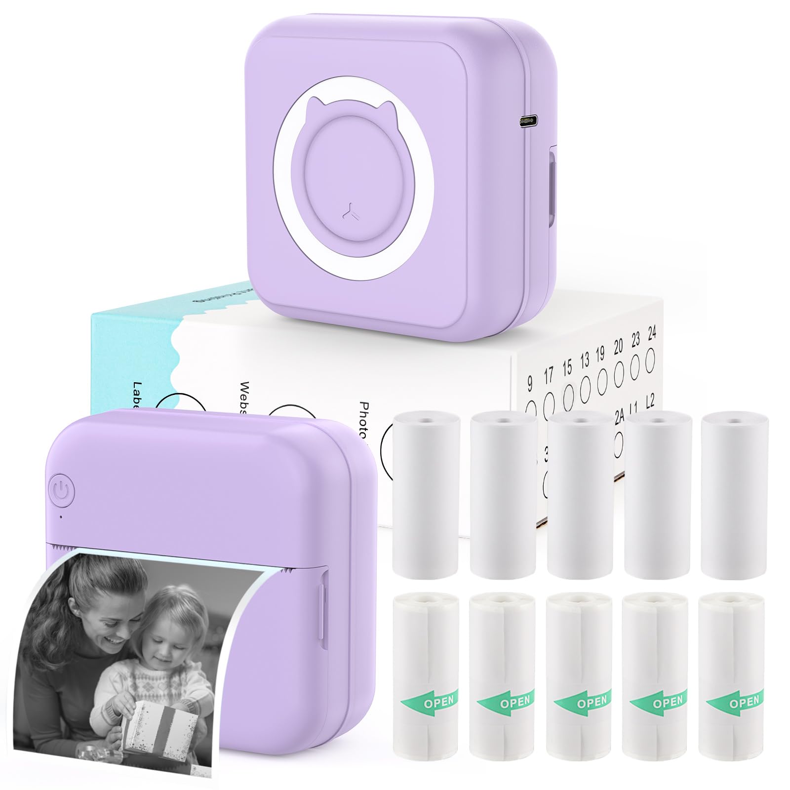 Photo 1 of HUIJUTCHEN Mini Photo Printer - Portable Pocket Sticker Printers for iPhone Thermal Printer with 10 Rolls Thermal Paper for Photo, Memo, Journal - Purple