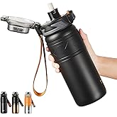 TKK 24 oz Insulated Water Bottle with Straw, Leak Proof Stainless Steel Double Wall Vacuum Bottles with Strap, Reusable Metal Sports Water Bottle for Hot & Cold Drinks, Dishwasher Safe, Black
