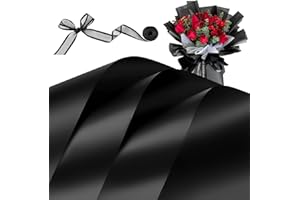 ZORRITA 20 Sheets Black Flower Bouquet Wrapping Paper, Waterproof Floral Paper Wrap with Ribbons for Florist Supplies, 22.8 x 22.8 inch