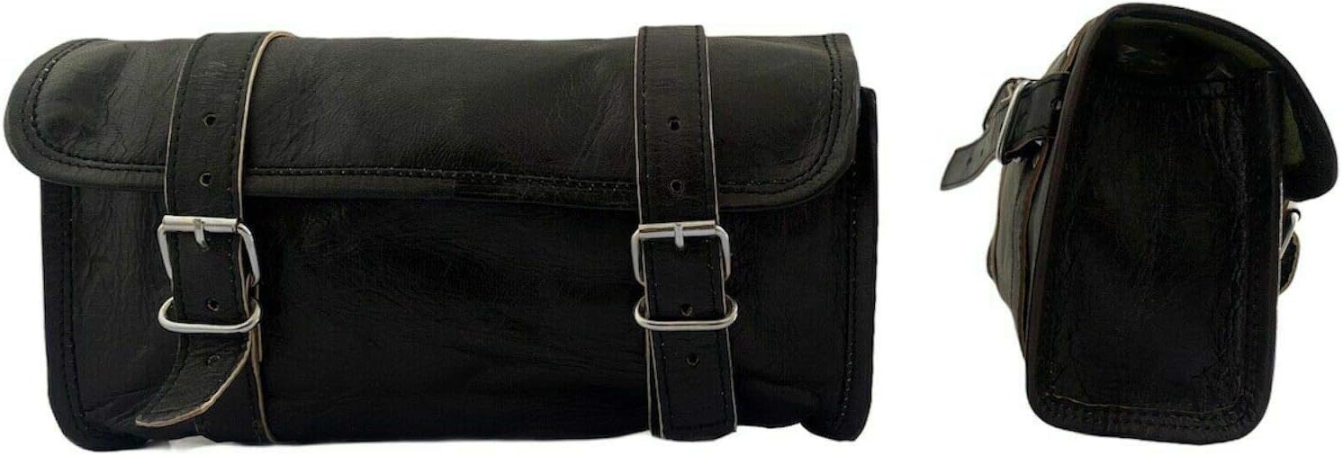 handlebar bag powersports luggage Motorcycle Saddle Bags Genuine Black Leather roll Pouch Side fork Tool Pouch motorcycle accessories (Black): Automotive