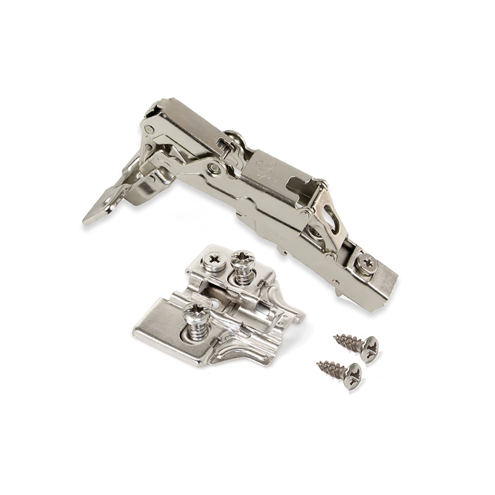 Emuca - Pack of 2 X91 Full Overlay Hinges 165 Degrees Opening with Soft Closing and Euro Screw-in Plates, Height 0, Steel, Nickel Plated