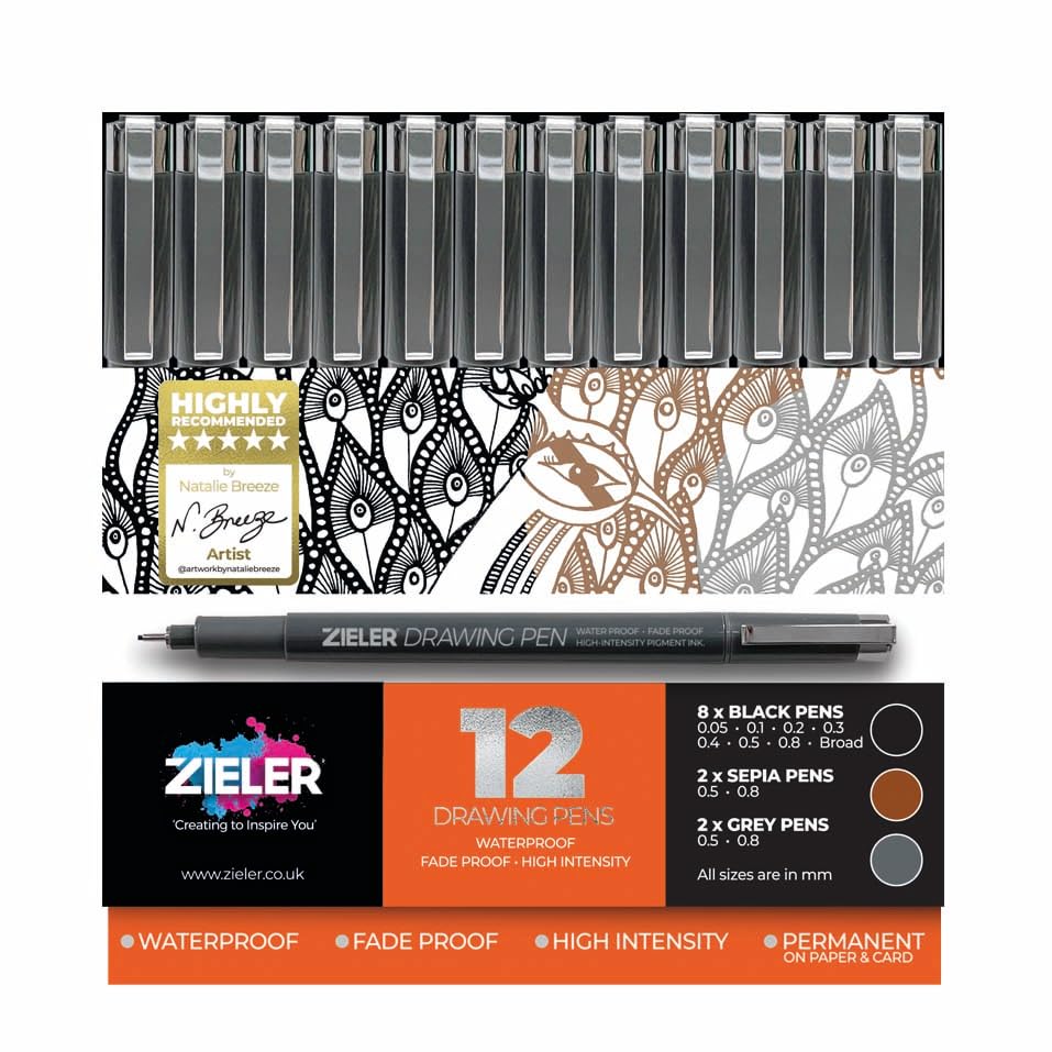 Zieler 12 Fineliner Drawing Pens (Black, Sepia & Grey) Water & Fade Proof Pigment liners. Quick-Drying & Anti-Smear Micro Pens. Ideal for Technical Drawing, Sketching, Stenciling & Outlining