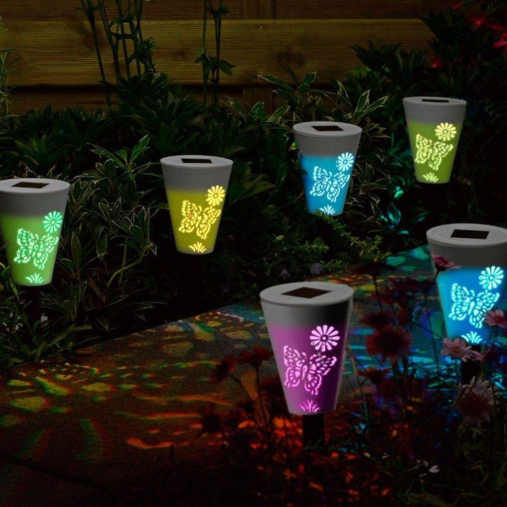 Garden Mile 6pc Silhouette Stake Lights Colour Changing Outdoor Lighting Decorative Garden Lights Patio Lawn Ornamental Solar LED Standing Lamp Lantern Butterfly Floral Light