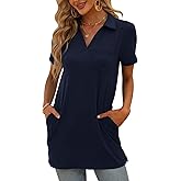 MATEAM Womens Collared Tunic Blouse Short Sleeve Shirts for Woman Dressy Casual with 2 Pockets
