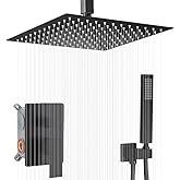 JingGang 12 Inch Ceiling Mount Matte Black Shower System Bathroom Luxury Rain Mixer Shower Combo Set Ceiling Rainfall Shower Head System (Contain Shower Faucet Rough-in Valve Body and Trim Kit)