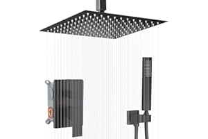 JingGang 12 Inch Ceiling Mount Matte Black Shower System Bathroom Luxury Rain Mixer Shower Combo Set Ceiling Rainfall Shower Head System (Contain Shower Faucet Rough-in Valve Body and Trim)