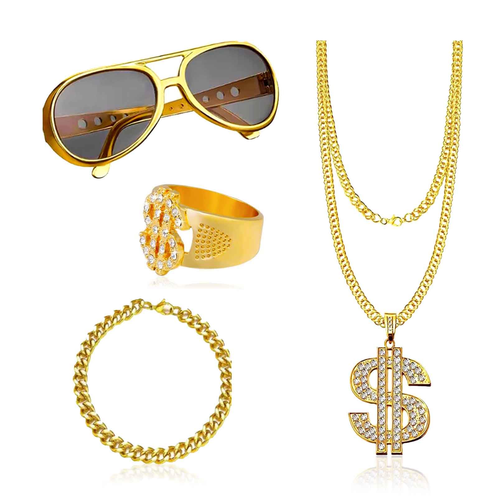AWAVM 5pcs Hip Hop Costume kit, 80s/90s Hip Hop Fancy Dress Costumes Accessories for Kids Adult, Fake Gold Chain/Bracelet, Fake Dollar Sign Necklace, Hip Hop Ring, Hippie Glasses