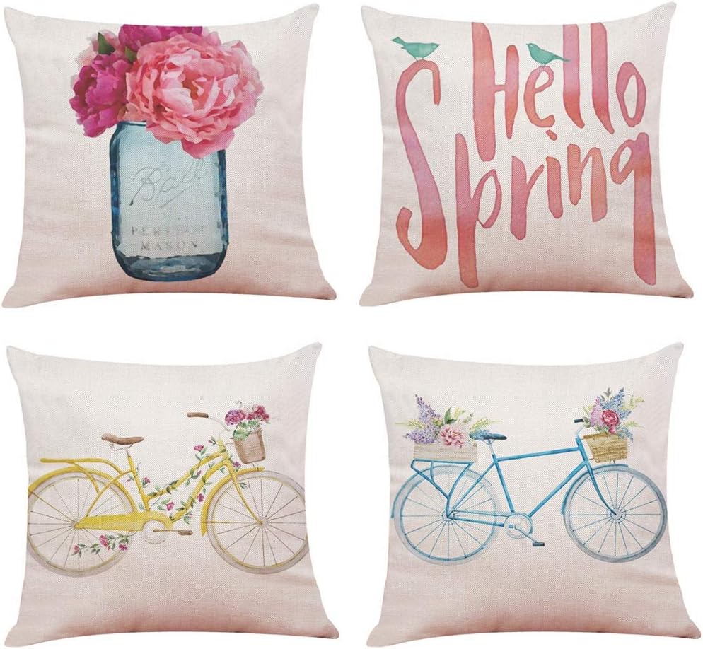 Youngnet Pack of 4 Spring Throw Pillow Cover Watercolor Flower Bicycle Decor Decorative Cushion Cases Floral Farmhouse Spring Decorations for Home 18x18 inch