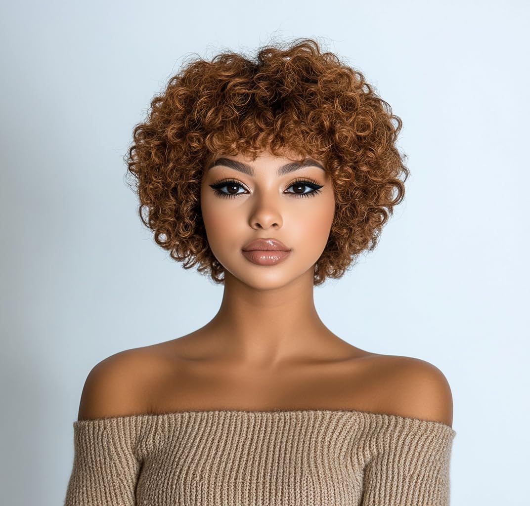 DÉBUT Short Curly Wig 100% Human Hair Wigs For Women Brown Afro Curly Wig with Bangs Pixie Cut Wig Brazilian Remy Hair (8 inches, 30)