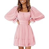 EXLURA Women's 2026 Casual Long Lantern Sleeve Dresses Square Neck Ruffle Tie Back Elastic Waist Aline Short Mini Dress