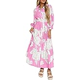 Wenrine Womens Maxi Shirt Dress Casual Floral Collared 3/4 Long Sleeve Drawstring Waist Fall Button Down Dresses