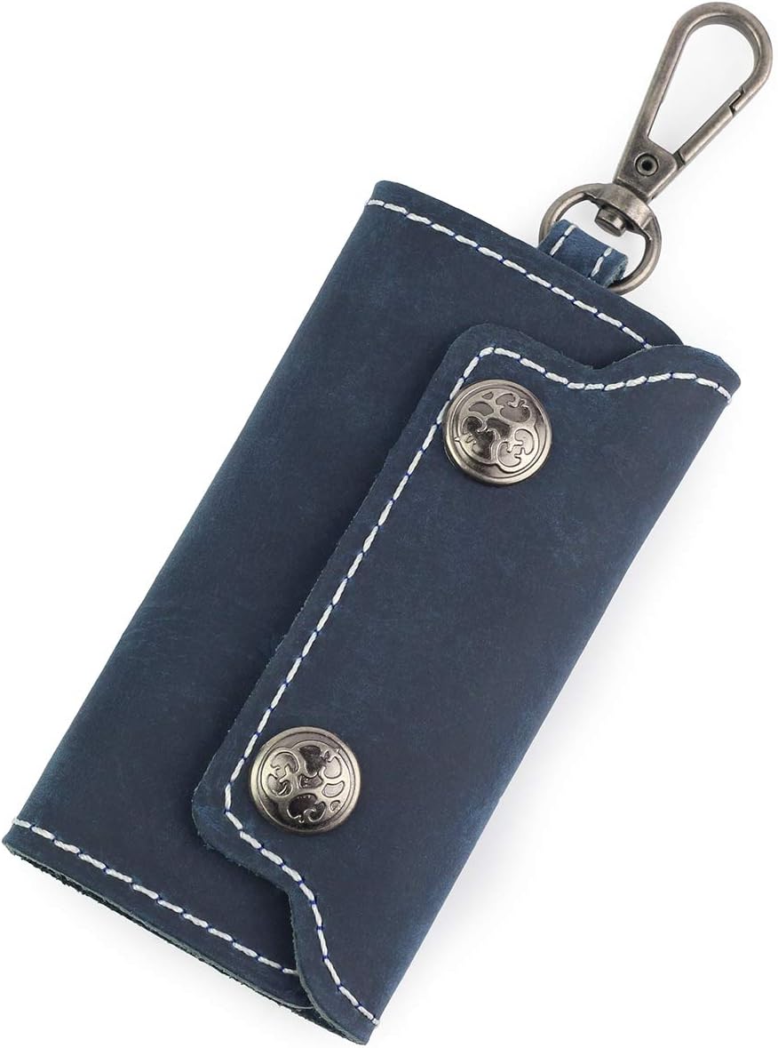 Slim Compact Leather Key Holder Wallet Pouch Retro Genuine Leather Handmade Three-Fold Keychain Key Case Bag Leather Car Key Case with 6 Hooks Hook Men Women (Dark Blue)