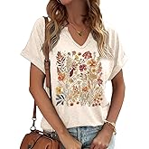 Earlymemb Womens Vintage Flowers V Neck Shirt Boho Floral Wildflowers Graphic Tee Casual Cottagecore Short Sleeve T Shirt