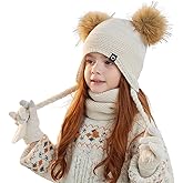 Kids Lovely 3-Piece Winter Knitted Beanie hat Scarf Gloves Set Pom-pom Trapper Ski Hat for Boys Girls 4-12 Years Old