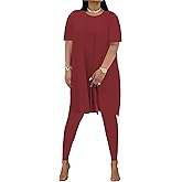 HBQ Womens 2 Piece Outfits Tracksuits Short Sleeve Tunic Tops Bodycon High Waist Leggings Pants,Wind Red,Small
