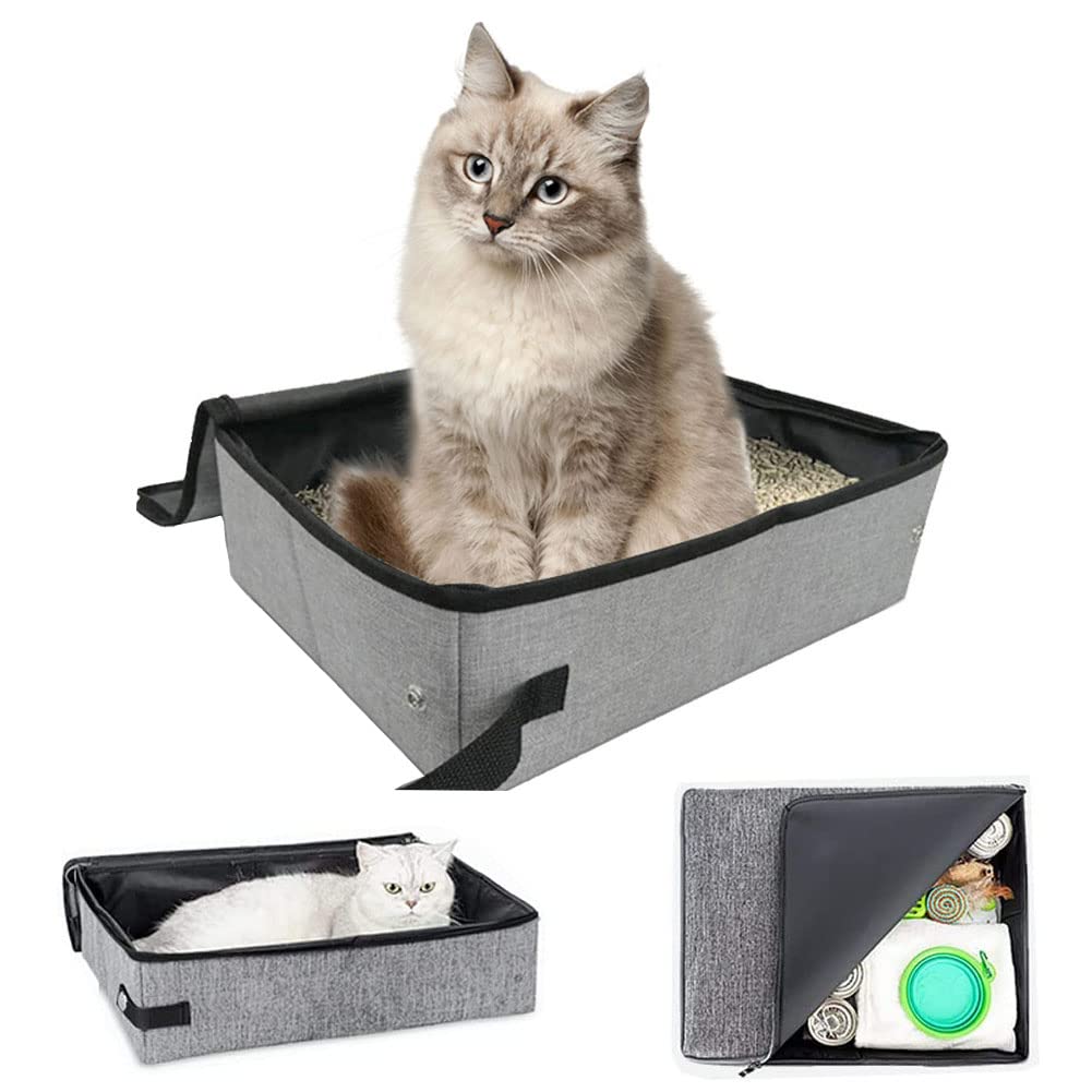 Foldable Cat Litter Tray, Portable Waterproof Cat Litter Tray, Cat Litter Tray, Travel Cat Litter Tray, for Outdoor Travel with Pets, 40 x 30 cm, with Lid, Grey