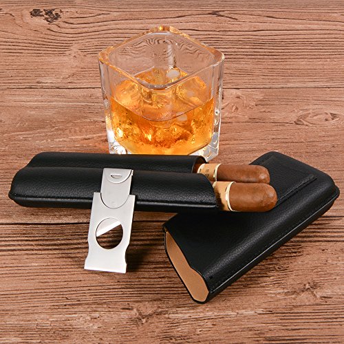 Volenx Cigar Case, 2 Cigars Black Leather Cigar Travel Case with Cutter - Thumbnail 3