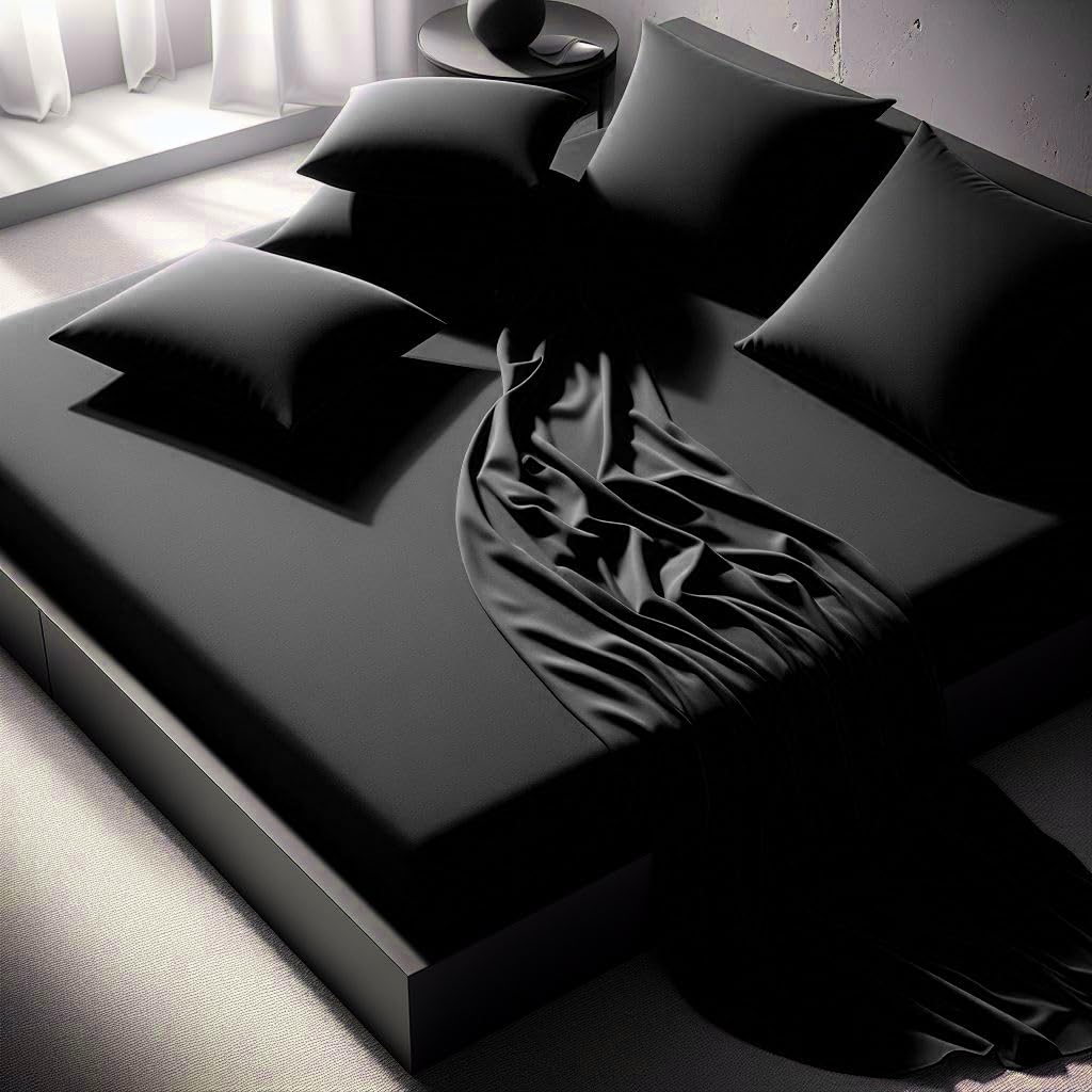 Fitted Bed Sheet With FREE MATCHING 2 X PILLOW CASES Poly Cotton Percale Easy Care Plain Dyed Bed Sheet Black Double