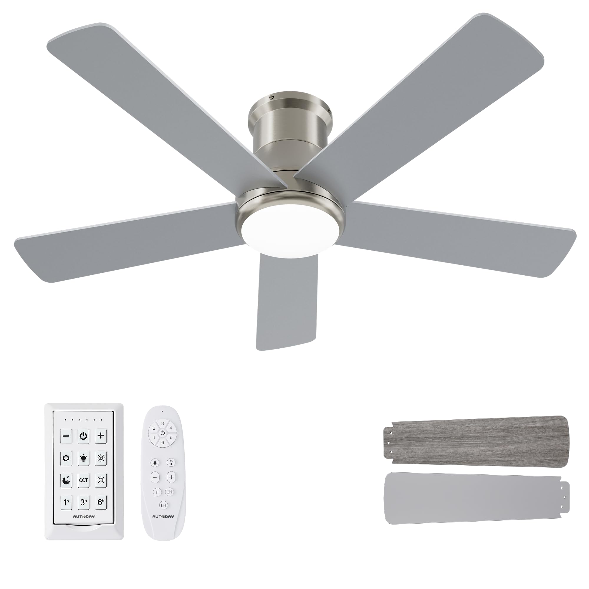 Photo 1 of Autoday 42 Inch Low Profile Ceiling Fan with Light, Burshed Nickel Ceiling Fans with Lights and Remote, Flush Mount, 6 Speeds Quiet DC, 3CCT Dimmable, Indoor Outdoor Ceiling Fans for Patios Bedroom