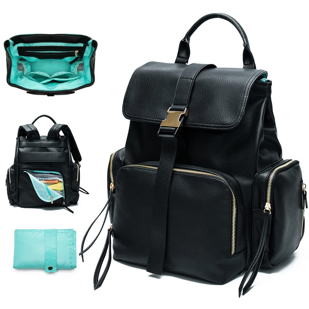 MISS FONG Leather Changing Bag Nappy Backpack Travel Baby Bags with Changing Mat,Stroller Straps,Insulated Pockets, Black