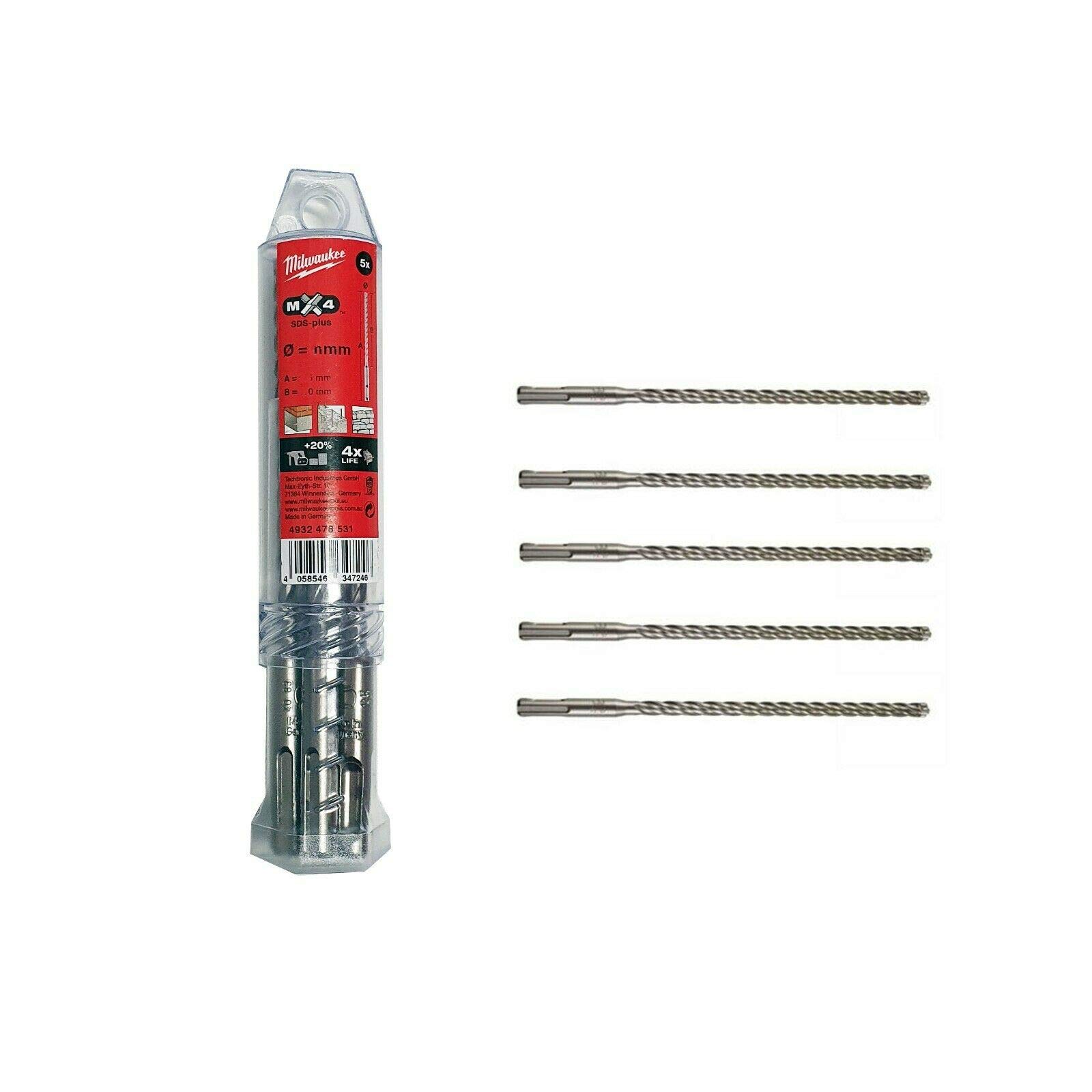 Milwauk Pack of 5 SDS-Plus MX4 Drill Bits 8 x 165 mm, Nickel