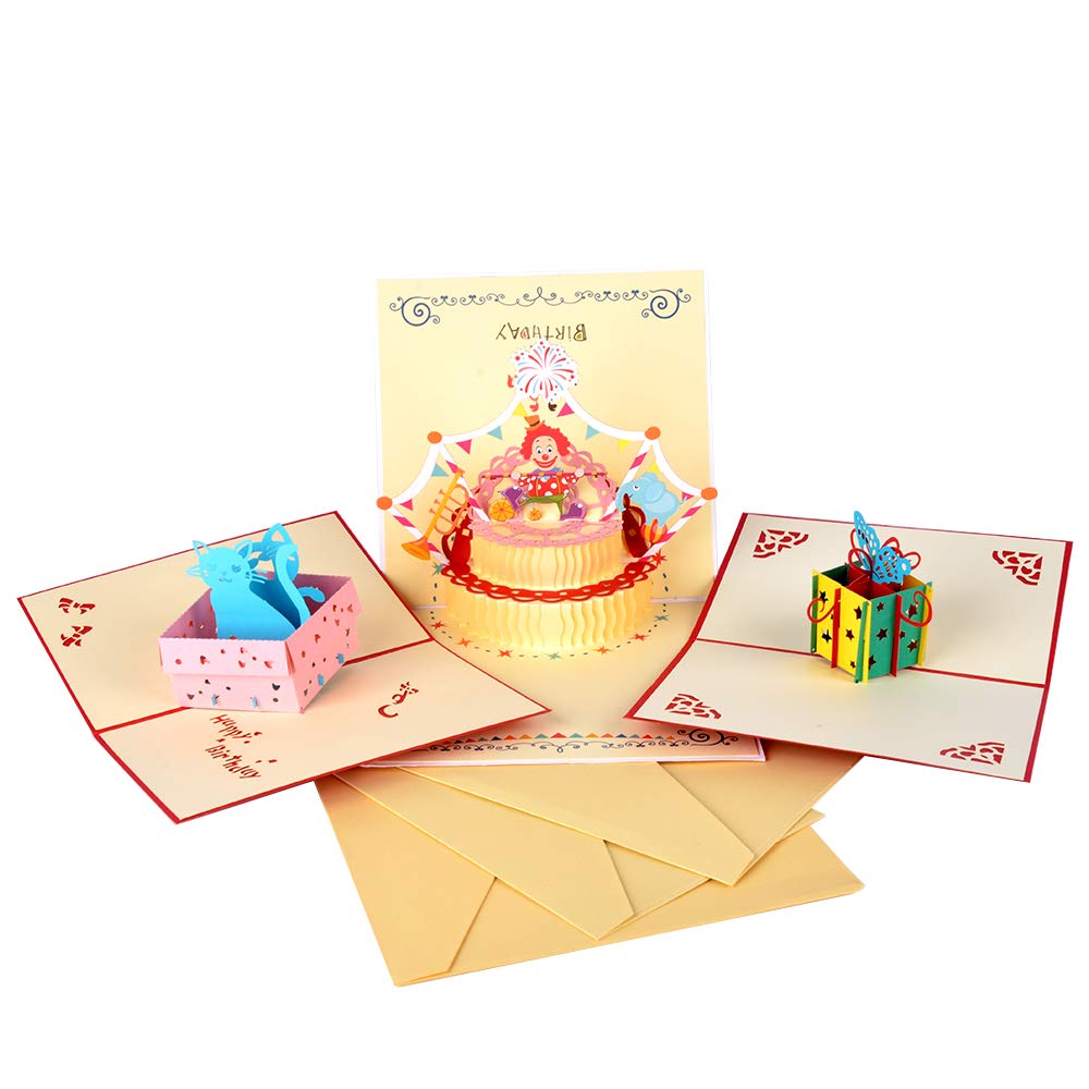 Racksoy 3D Geburtstagskarten 3 Stücke Pop Up Karten Katzenkarte| Geschenkkarte| Clown-Karte zum Kindergeburtstag- wünderbare Glückwünschkarte für Geburtstagsgrüße