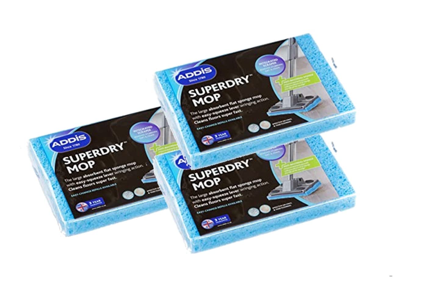 Addis Superdry Sponge Mop Replacement Refill Heads, Pack of 3, Blue
