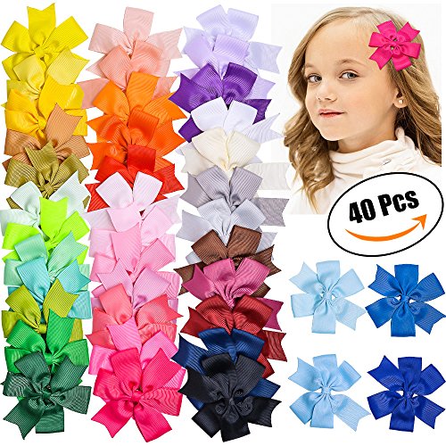 image for Baby Girl Hair Bows Clips Grosgrain Ribbon 3” 40 Pcs, Pinwheel Bouti