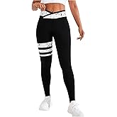 Floerns Women's Contrast Striped Asymmetrical Waist Leggings Workout Sports Skinny Pants