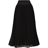 TEERFU Womens Chiffon High Waist Skirt Pleated A-Line Swing Elastic Shirring Midi Length