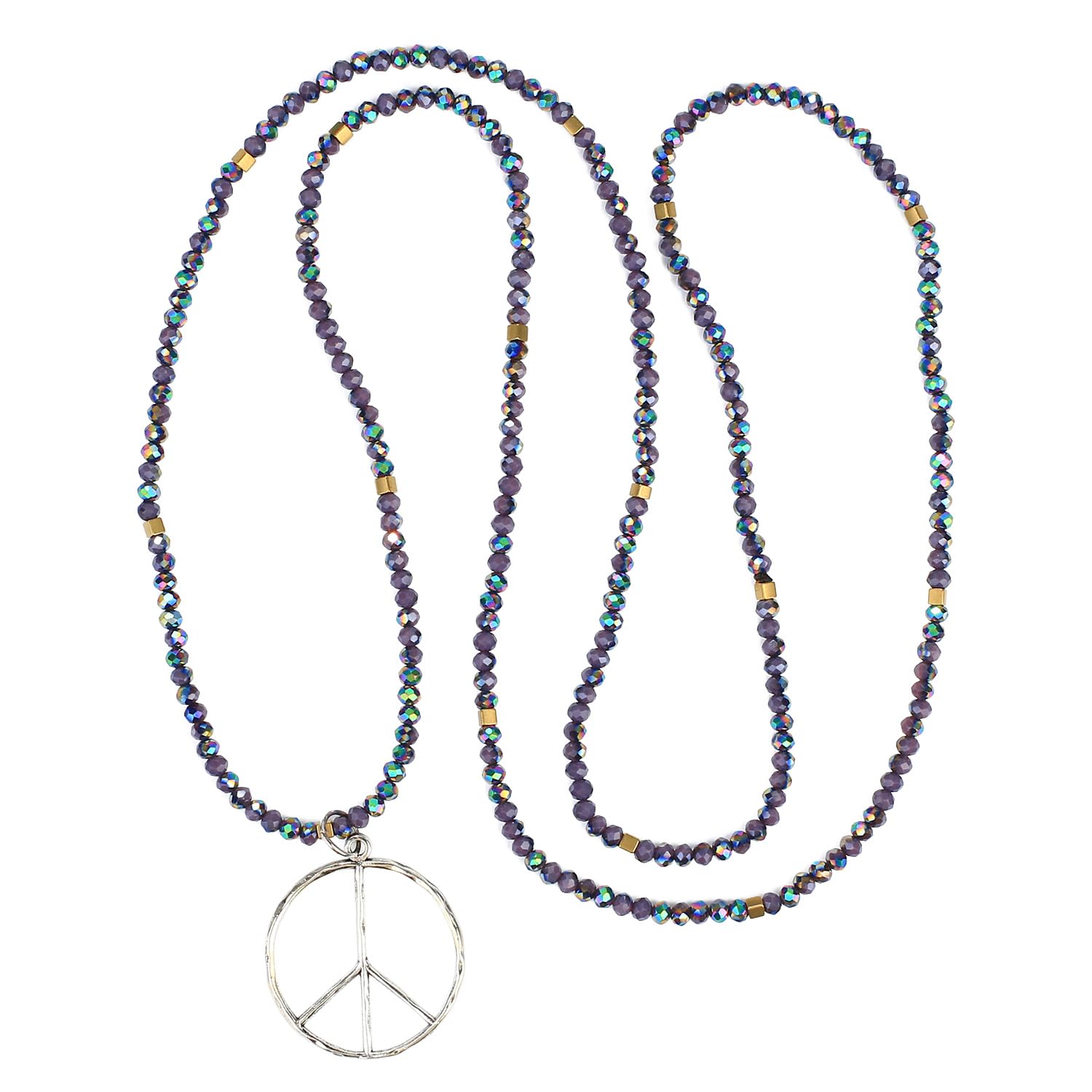 KELITCH Classic Peace Pendant Necklace Love Hippie Frosted Crystal Beaded Necklaces (Purple F)