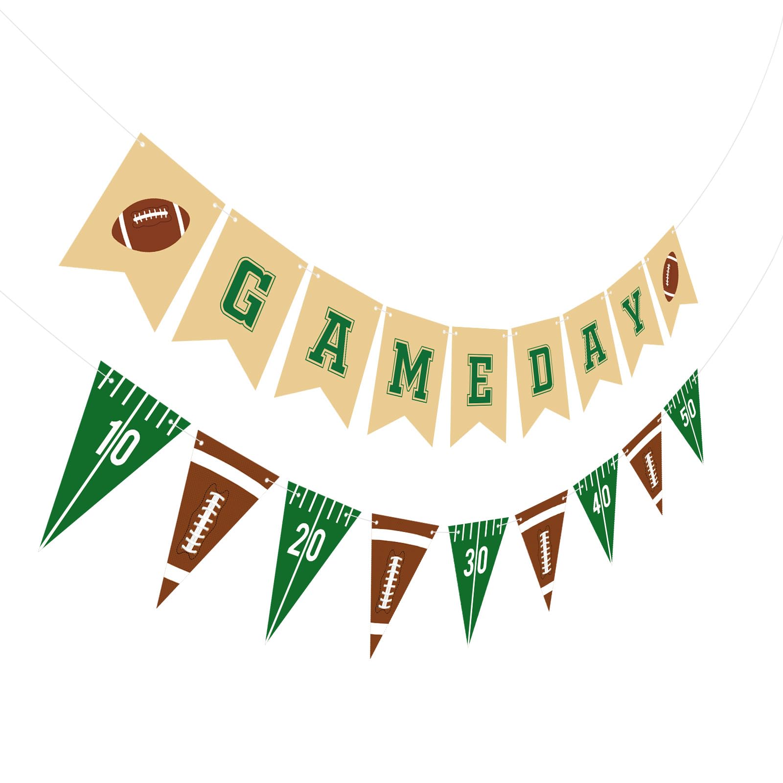Photo 1 of Hooqict 2 Pieces Game Day Football Banner Football Party Decorations Football Party Banner Garland with Triangle Flags Sign for Sports Birthday Party Decorations Tailgate Party Supplies