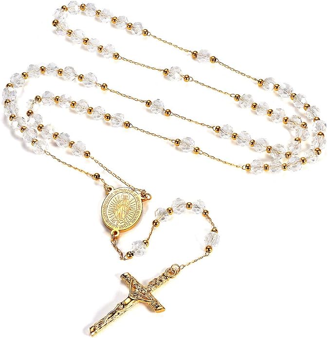 Collier Rosaire Croix Et Vierge - Or Blanc 18 Carats - 50 Cm - Neuf Avec Certificat