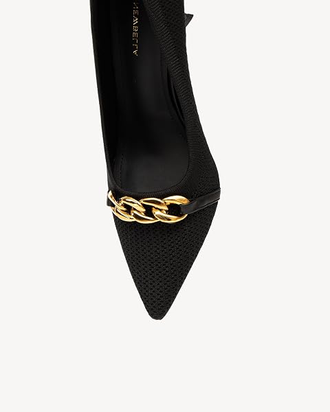 NEWBELLA MOUSSE FIT WOMEN’S KNITTED POINTED TOE STILETTO HEELS – STILETTO DRESS PUMPS WITH CHAIN STRAP DETAIL, COMFORTABLE FORMAL SHOES, BLACK 6.5
