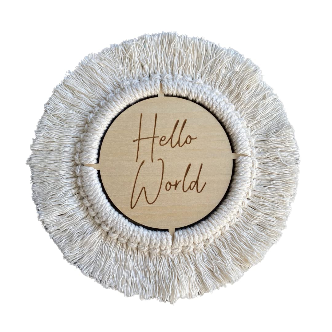 Baby J's - Hello World Macrame Plaque - Birth Announcement Plaques - Wooden Disk - Perfect Baby Shower or Newborn Gift - Can be Used as Flat Lays or Kept as a Keepsake - 16cm
