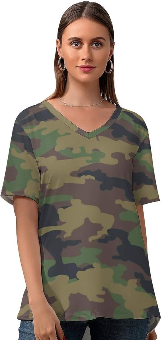 Amazon Co Jp Tシャツ レディース 半袖 女性用 プリント トップス ゆったり 迷彩柄 カモフラージュ 夏服 Vネック カジュアル 吸汗 速乾 インナーシャツ スポーツ カジュアル ファッション 人気 抗菌防臭 服 ファッション小物